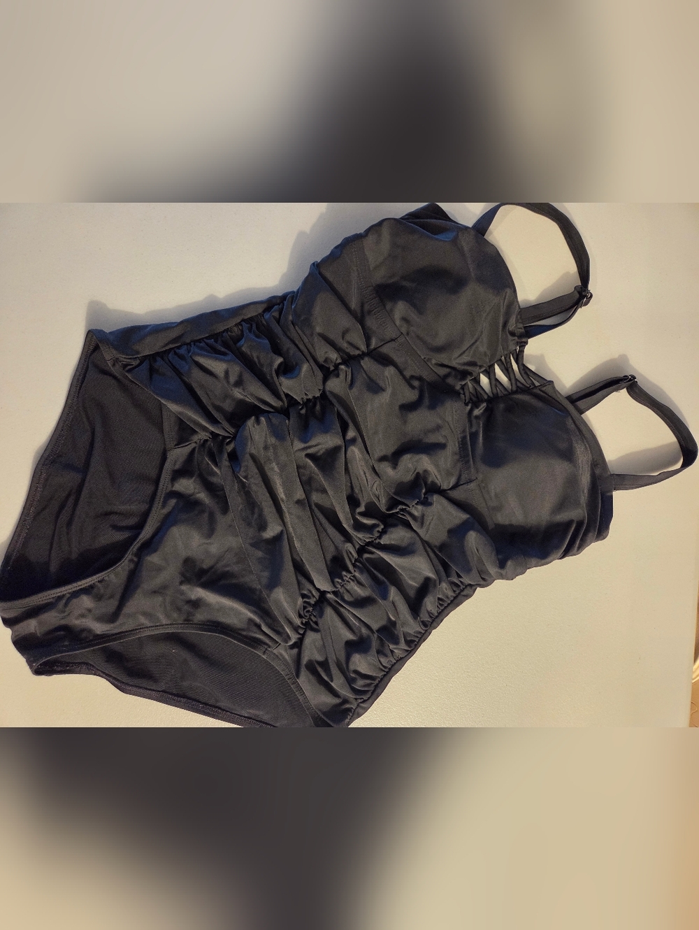 Torrid Swimsuit Size 00 Black One Piece Ruching Lace Up Adjustable Straps EUC